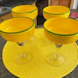 Margarita Glasses Lemon Yellow with Green Rim  8 oz Handmade Art Glass Set of 4